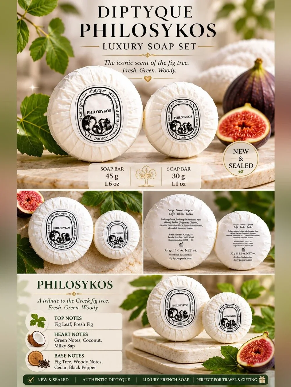 ✨ Diptyque Paris Philosykos Luxury Soap Set – 2 Travel Soaps | New & Sealed ✨